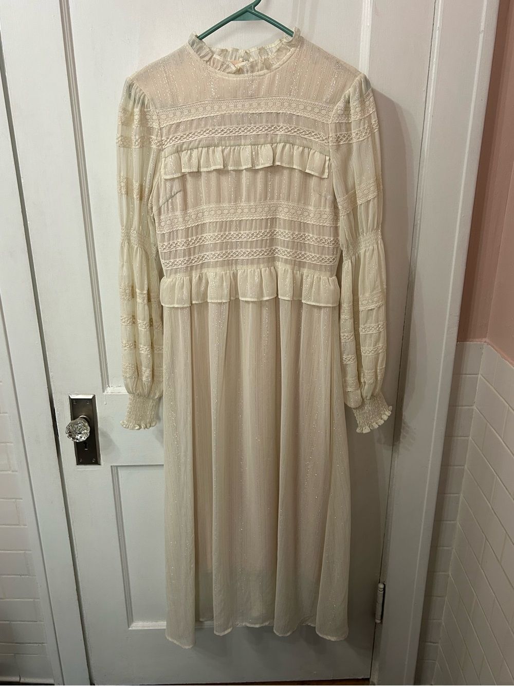Cream Long-Sleeve Ruffle Lace Midi Dress